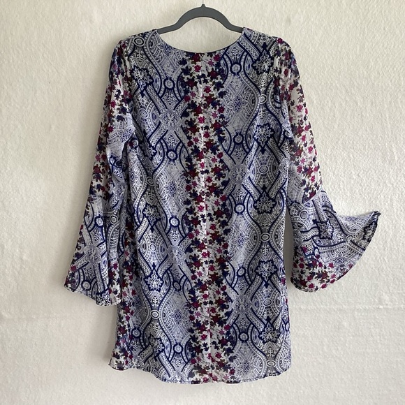 Y2K Speechless Red Blue White Paisley Print Bell Sleeve Boho Lined Mini Dress L - Picture 5 of 7